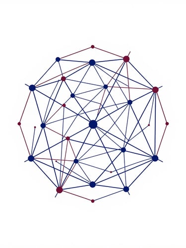 Minimalist vector illustration of interconnected technical nodes and geometric network lines, blueprint style, deep blue and maroon accents on a white canvas, crisp lighting, high contrast