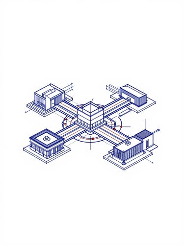 Minimalist vector illustration of interconnected technical nodes and clean architectural lines of the IITM Research Park, blueprint style, deep blue and maroon accents