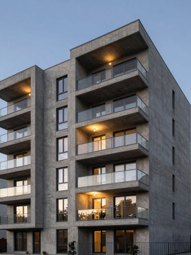 Twilight architectural photography of a modern concrete and steel residential estate, sharp clean lines, dramatic safety-gold accent lighting, negative sky space.