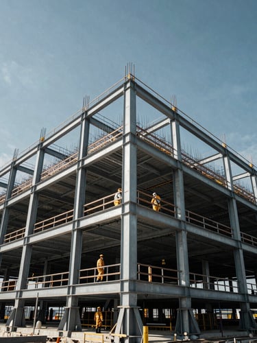 Wide-angle architectural shot of a massive steel structure under construction, workers in clean safety-gold gear visible against a high-contrast sky, dramatic daylight.