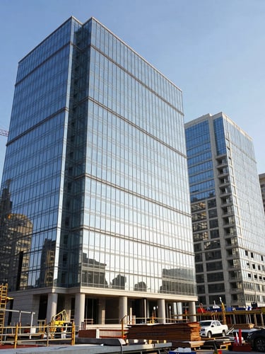 Architectural portrait of a modern commercial concrete and glass facade under bright daylight, crisp shadows, sharp structural lines, clean industrial aesthetic.