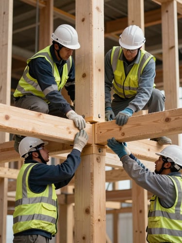 Workers in clean safety gear securing heavy timber joints on a massive structural frame