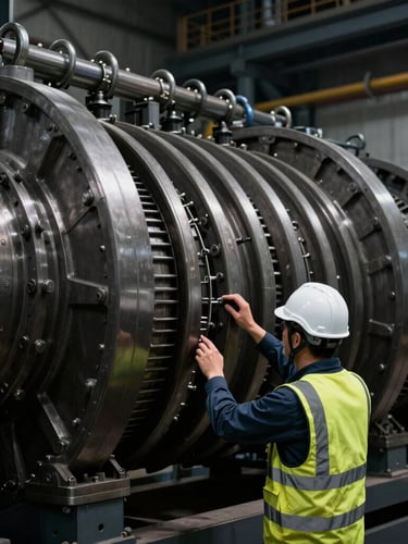 High-contrast close-up of an engineer in a clean white helmet and safety vest inspecting a massive industrial turbine, dramatic side lighting, metallic charcoal tones