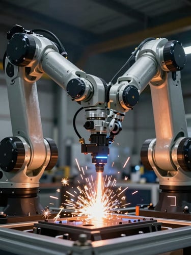 Close-up of a professional industrial camera capturing a high-tech robotic welding arm in a modern automotive factory, bright orange sparks, clean dark background.