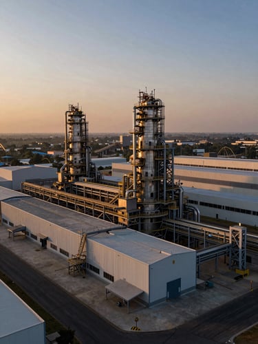 Wide-angle dramatic aerial drone shot of a massive modern manufacturing plant in Gujarat at sunset, sharp industrial lines, metallic surfaces reflecting golden hour light.