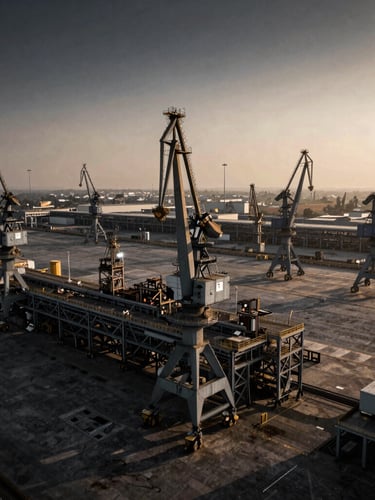 Dramatic wide-angle aerial drone photograph of a massive industrial port terminal in Kutch, heavy cranes framing the horizon, deep charcoal and metallic tones, high-contrast dramatic golden hour lighting, industrial architectural photography style.