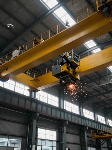 Dramatic low-angle shot of a massive yellow and black overhead crane installed in a heavy manufacturing facility, industrial steel beams, factory window light, 35mm.
