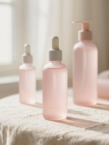 Elegant minimalist pink glass skincare bottles on warm cream linen, soft diffused morning window light, shallow depth of field, 35mm