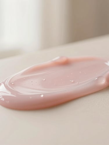 Macro shot of clean gel texture with tiny water droplets, soft diffused pink and cream light, elegant minimalist aesthetic, shallow depth of field