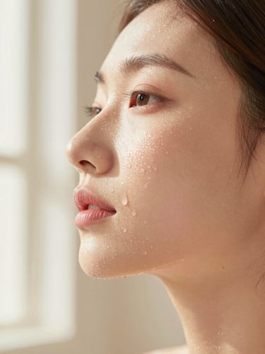 Close-up of clean, dewy skin showing natural texture, soft morning light filtering through a window, warm cream and blush pink tones, elegant and minimalist