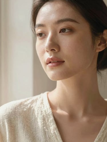 Elegant close-up portrait of a female founder with glowing healthy skin, neutral soft makeup, wearing a cream linen top, warm natural morning window light, soft focus, minimal aesthetic, 35mm