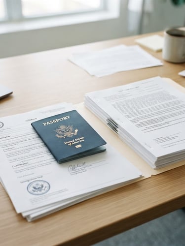 Close-up of a neatly organized civil folder with a US passport and legal texts on a clean desktop, bright neutral office daylight, sharp focus, professional corporate tones, 35mm