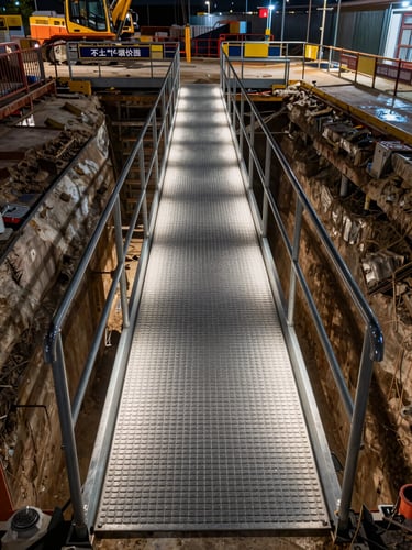 Wide-angle eye-level photograph of a modular anti-slip pedestrian walkway spanning a deep urban excavation site at night, tungsten site lighting illuminating the steel deck and handrails, construction equipment visible in the trench below, safety signage on the barrier edges, wet pavement surrounding the structure