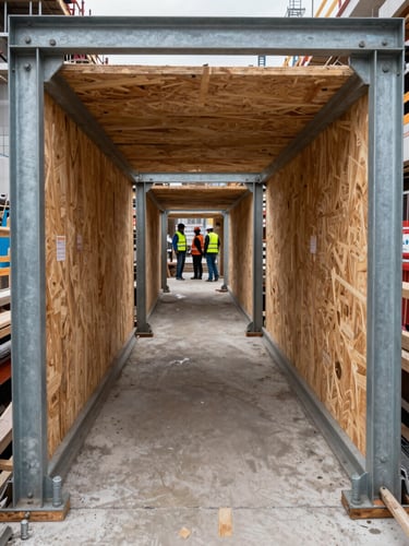 Wide eye-level shot looking through a reinforced pedestrian tunnel on an active urban construction site, overcast daylight filtering through the steel-and-plywood corridor, workers in high-visibility vests visible at the far end, wet concrete ground underfoot, structural bolts and load-bearing joints sharp in the foreground