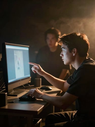 A director collaborating over a glowing monitor on a dark cinematic set, practical amber lighting, smoky atmosphere, 35mm film look