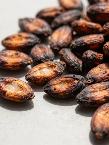 A high-contrast macro shot of raw Nigerian cocoa beans being graded on a clean surface under bright natural sunlight, showcasing texture and premium quality.