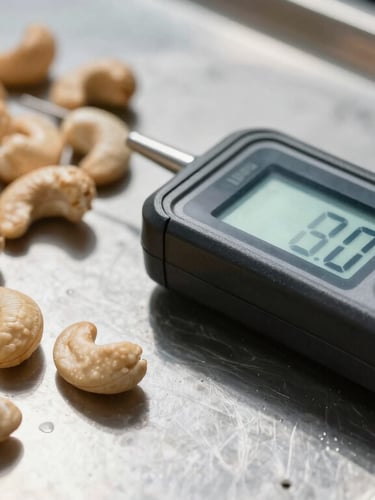 Close-up of raw cashew nuts being measured with a digital moisture meter on a metal grading table, natural high-contrast sunlight.
