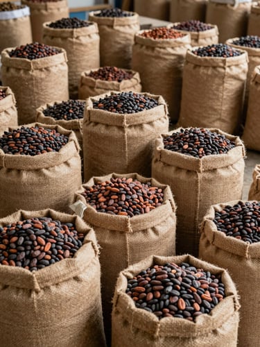 A high-contrast, wide-angle shot of structured jute bags filled with raw cocoa beans stacked neatly inside a clean, professional Nigerian export warehouse.