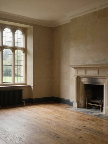 Soft natural West Country daylight illuminating a clean, swept Georgian room in Bath, empty wooden floors, stone fireplace, elegant high windows with historic glass.