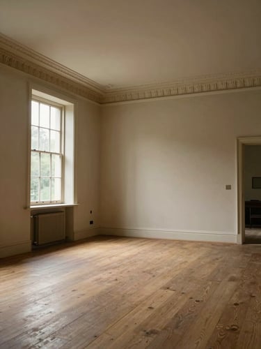 Soft natural light illuminating an empty, swept Georgian room in Bath, high ceilings, elegant cornices, clean wooden floorboards.
