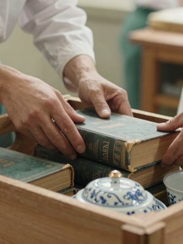 Close-up of hands in clean uniforms carefully packing vintage books and porcelain into sturdy wooden crates, soft West Country daylight.