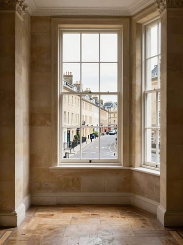Soft natural daylight illuminating a clean, empty room of a historic Bath stone terrace, looking out a tall sash window onto quiet streets, elegant and peaceful.