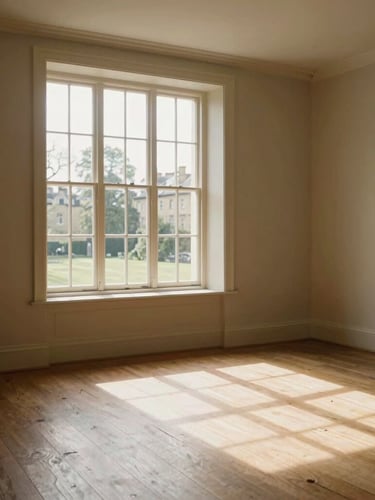 Wide environmental shot of a clean, sunlit Georgian interior in Bath, empty and peaceful, with soft West Country daylight streaming through a tall sash window onto clean wooden floorboards, generous negative space.