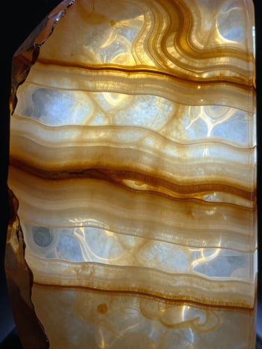 Full-frame close-up of a backlit honey-amber onyx slab, translucent layers glowing under transmitted cool light, dramatic banding and swirling veins, stone edges visible at left, architectural quality