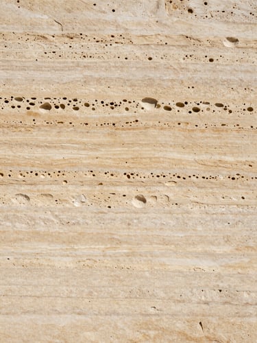 Overhead shot of a travertine slab showing characteristic open pores and warm cream-ivory layered bands under diffused daylight, stone surface flat and unpolished, natural voids clearly visible, architectural framing