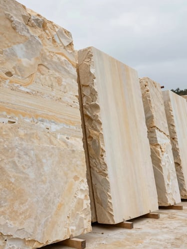 Side-angle view of stacked large-format travertine slabs in an Italian quarry yard, natural overcast daylight showing layered sediment texture and warm ivory tones, slabs leaning against each other in a tight row, no people, no equipment visible, pure stone elevation