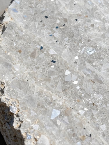 Close-up of a quartzite slab surface under raking daylight showing crystalline grain structure, white and pale silver interlocking mineral facets, extreme texture detail, no people, no props