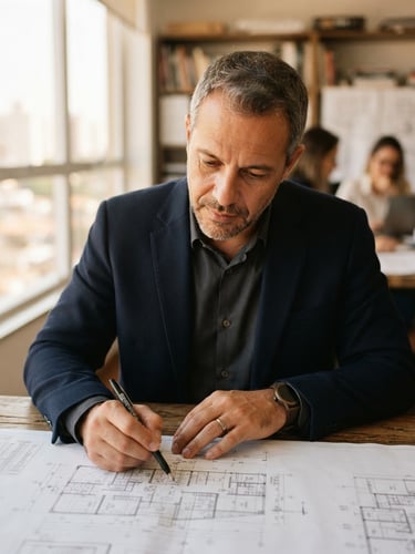 Close-up of a professional financial advisor in a warm, sunlit office in Franca-SP, reviewing architectural plans, shallow depth of field, 35mm