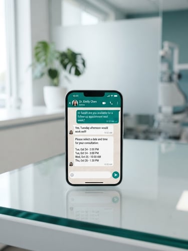 Smartphone mockup on a clean glass desk, displaying a crisp WhatsApp scheduling interface with teal accents, bright clinical daylight, minimalist medical office background, 35mm