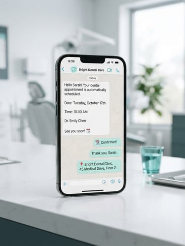 A smartphone showing a dental appointment confirmation message in a modern dental office setting.