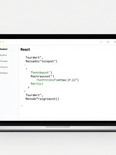 Front-on high-fidelity desktop mockup of a clean, distraction-free code reader interface showing a syntax-highlighted React component on a crisp light grey screen, bright studio light.