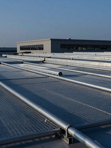 Sharp high-contrast architectural shot of a modern industrial building roof, highlighting clean aluminum lightning protection mesh and down conductors against a clear twilight sky.