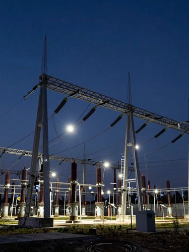 Wide environmental shot of a complex high-voltage electrical substation at twilight, sharp technical lines, dramatic industrial lighting, high-contrast engineering schematic details.
