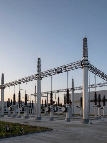 Sharp architectural wide shot of a modern industrial substation under dramatic twilight, clean technical lines, high-contrast lighting.