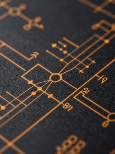 Extreme close-up of a technical electrical blueprint schematic, sharp amber lines on a dark background, precise engineering calculations visible