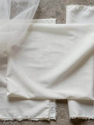 Overhead flat-lay of curated bridal textile swatches including Turkish organza and premium white crepe arranged geometrically on a stone surface, diffused natural lighting.