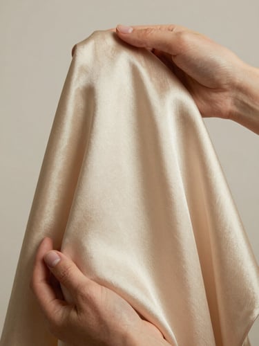 Macro studio shot of hands holding a heavy champagne gold bridal satin fabric swatch, soft side lighting highlighting the rich drape and fine weave texture, neutral background.