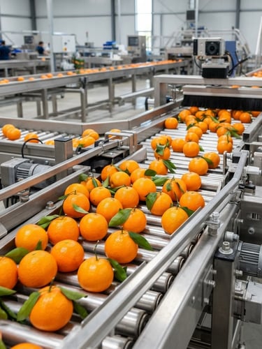 Close-up of vibrant Kinnow mandarins moving on a stainless steel automated sorting line, bright, clean, clinical daylight, sharp focus, 35mm architectural lens, high-tech industrial setting.