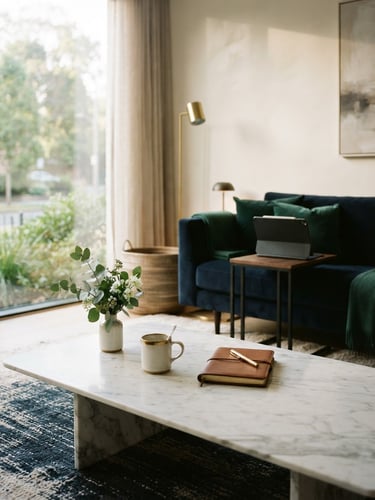 A serene, high-end residential interior with soft morning light filtering through a window, a clean marble table, and a subtle clinical tablet in the background, warm editorial photography, 35mm