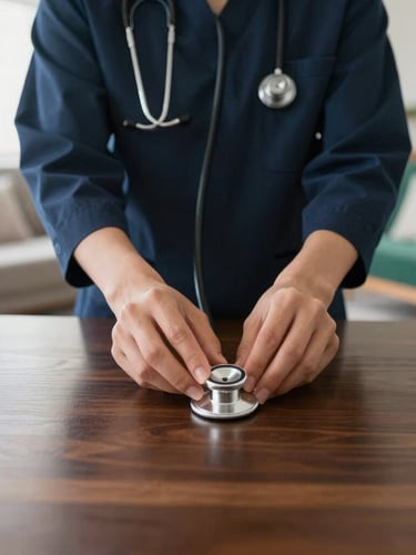 Hands of a clinical specialist placing a warm, clean stethoscope onto a dark wood table in a beautifully lit, luxurious modern living room, soft morning light, 35mm