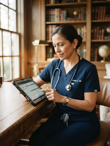 A dignified close-up portrait of an expert nurse in clean dark navy scrubs adjusting a clinical tablet in a warm, sunlit high-end home library, soft morning light, shallow depth of field, 35mm