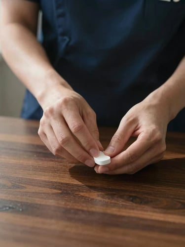 A close-up of a nurse's hands gently preparing a clinical tablet on a polished dark wood table, soft natural morning light, warm editorial style.
