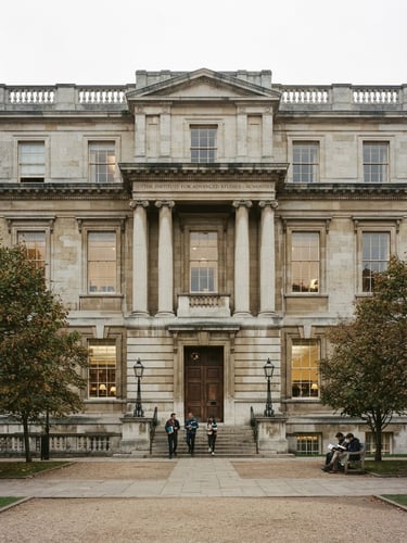 Dignified limestone facade of a classical research institute, soft natural window light, muted academic tones, 35mm lens