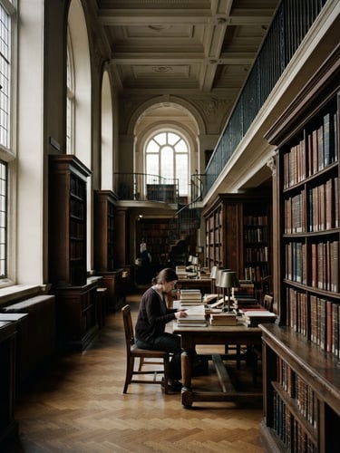 A quiet, high-contrast interior of a classical research library with dark wood bookshelves, soft natural window light, and deep depth of field, editorial documentary photography style.