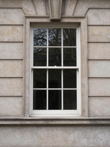 An elegant, close-up architectural detail of a classical stone university archive window, soft natural overcast daylight, muted academic tones, deep depth of field, 35mm lens