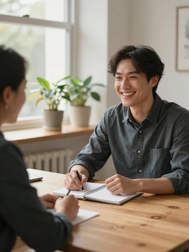 Medium shot of a warm, Scandinavian-style meeting room with soft morning light filtering through a window. An interviewer and a candidate sit at a light oak table, sharing a genuine, relaxed laugh over a notebook. Soft focus on the background showing green potted plants.